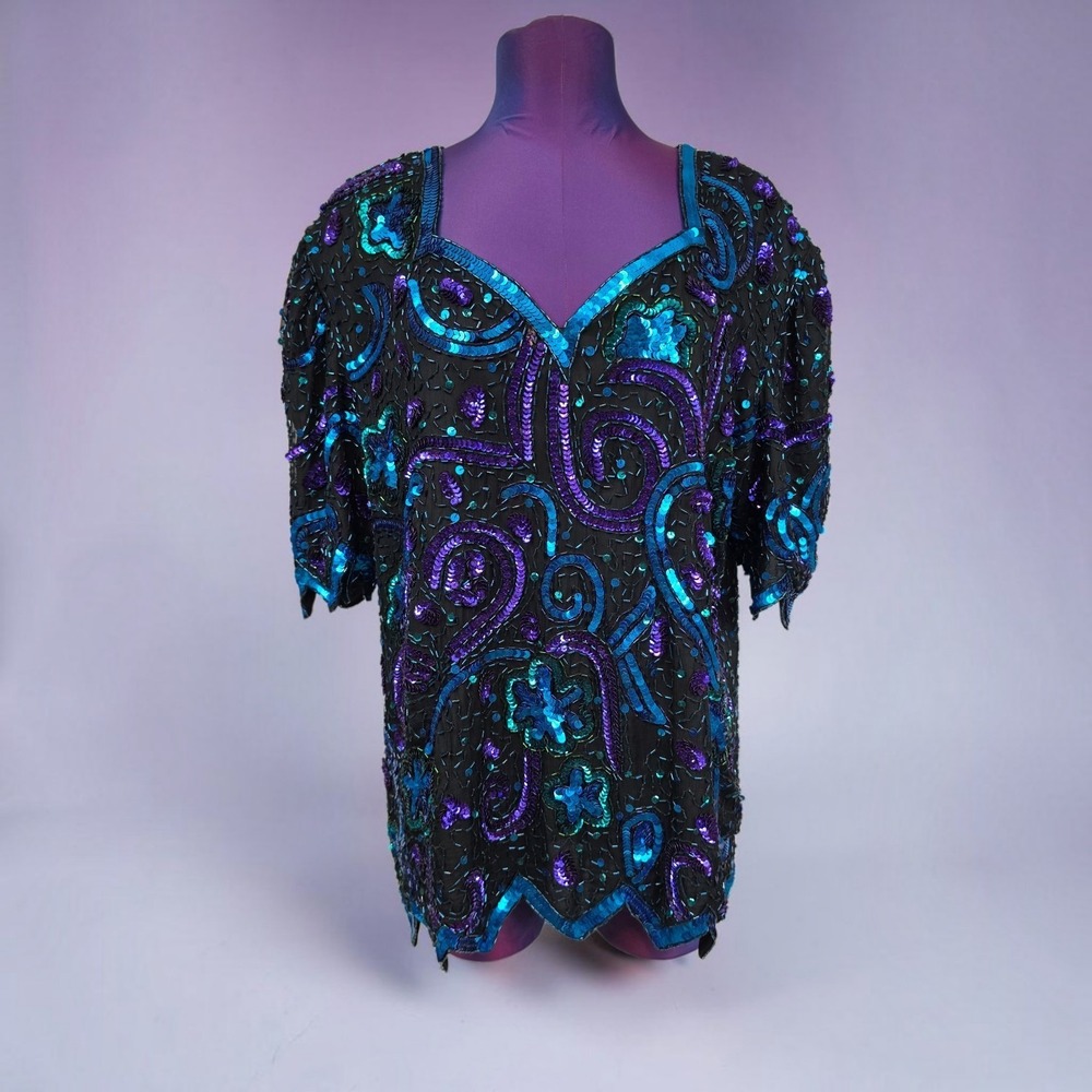 Laurence Kazar Beaded Sequin Evening Top Scalloped Hem V-Neck Blouse 1X Vintage